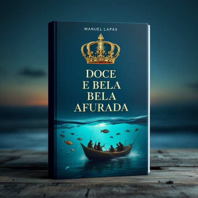 A majestic crown, intricately designed with details resembling fishing nets, sits at the top center of the cover, representing Afurada as a "queen." Below the crown, traineiras (traditional Portuguese fishing boats) appear in calm blue ocean-like waves. One boat is in the foreground with a group of fishermen casting their nets, while others are seen subtly in the background. Vibrant imagery of fish jumping in mid-air is positioned beneath the boat, connecting the sea to the narrative’s mystery and epic journey. The backdrop is a gradient of deep sea blue transitioning to twilight with a subtle golden glow near the horizon.