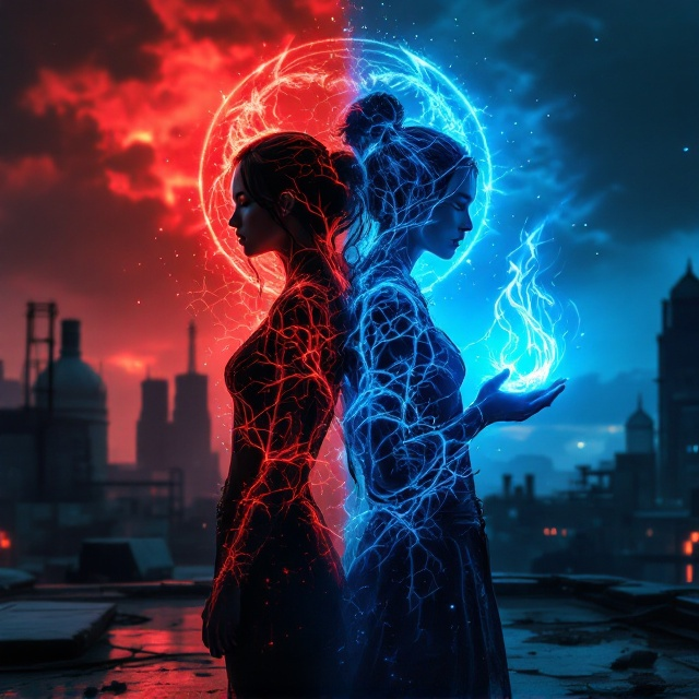 A close-up scene on the abandoned rooftop with Lyra and Si-won standing back-to-back. The focus is Lyra's wrist, framing the glowing red inhibitor bracelet intertwined with glassy roots piercing through her skin. Above them, the sky is strikingly split in half the left side is blood-red with FORCE’s holographic logo glowing, while the right is a deep, rich blue with the glowing phoenix symbol of the Resistance. The entire composition has a dystopian, gritty aesthetic, with broken urban details and faded industrial structures in the background. Lyra holds a glowing blue flame in her right hand, which faintly illuminates the nearby glass-like roots, while Si-won’s hand projects a rippling, translucent flow of water to the opposite side.