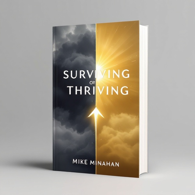 A split image cover—on the left, a dark, stormy cloud heavily shaded in grays to symbolize "surviving," while on the right, a bright sunburst breaking through represents "thriving." Beneath the split imagery, a faint upward arrow connects both halves, symbolizing progress and transformation. Subtle geometric patterns fade into the background, portraying strategy and structure.