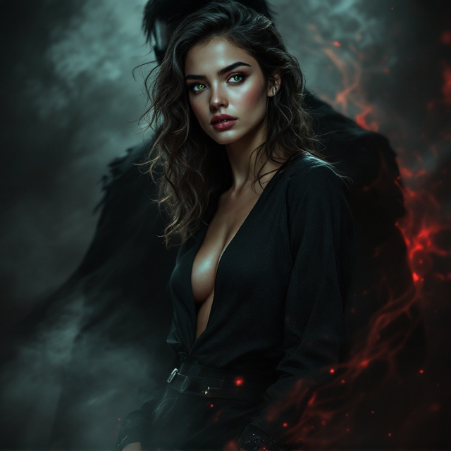 A young woman with slightly tanned, sun-kissed skin and dark wavy hair is positioned just off-center in the foreground. Her piercing brown eyes are filled with a mix of defiance and vulnerability. She stands in a tense, conflicted pose, her figure illuminated by a subtle crimson light that fades into the dark, smoky background. Behind her, a shadowy male figure with deep green eyes looms partially visible in the background, shrouded in darkness. His presence is both enigmatic and foreboding. The background incorporates swirling tones of black, gray, and blood red, creating an ominous atmosphere. A faint wispy fog weaves through the bottom of the cover, adding a layer of suspense.