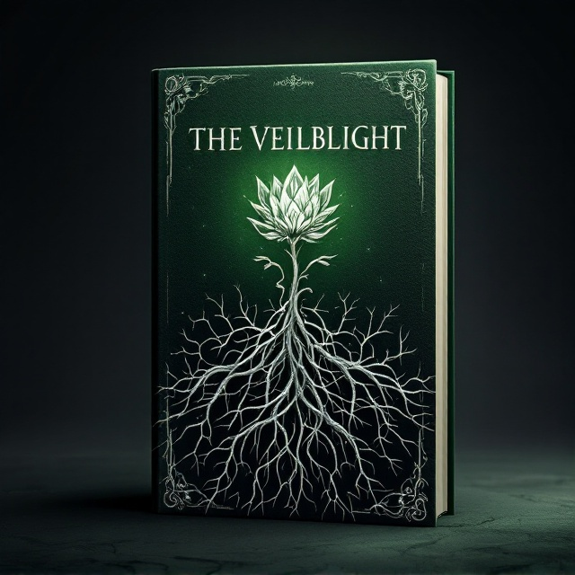 A striking green cover serves as the backdrop, with detailed, metallic silver roots sprawling across the lower half of the cover, rising upward in delicate, intertwined patterns. Emerging near the top or center, a single, intricately designed silver flower gleams, its petals sharp and reflective, conveying eerie beauty. The green shade is dark and gradient, giving it depth and creating the illusion of mist or shadows around the roots. The edges of the roots and flower glow faintly, suggesting a supernatural presence.