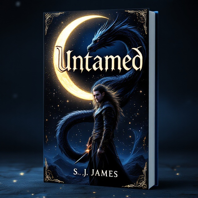 The cover showcases a black dragon coiled protectively around a glowing crescent moon, hovering in a night sky filled with shimmering stars. A male half-elf with long flowing hair and pointed ears stands confidently at the forefront, holding a glowing sword in one hand. He is dressed in rugged, leather-bound armor that hints at both mystery and adventure. His penetrating gaze meets the audience, exuding charm and strength. The background transitions from deep blue to midnight black, with subtle hints of purple and gold accents resembling magical energy.