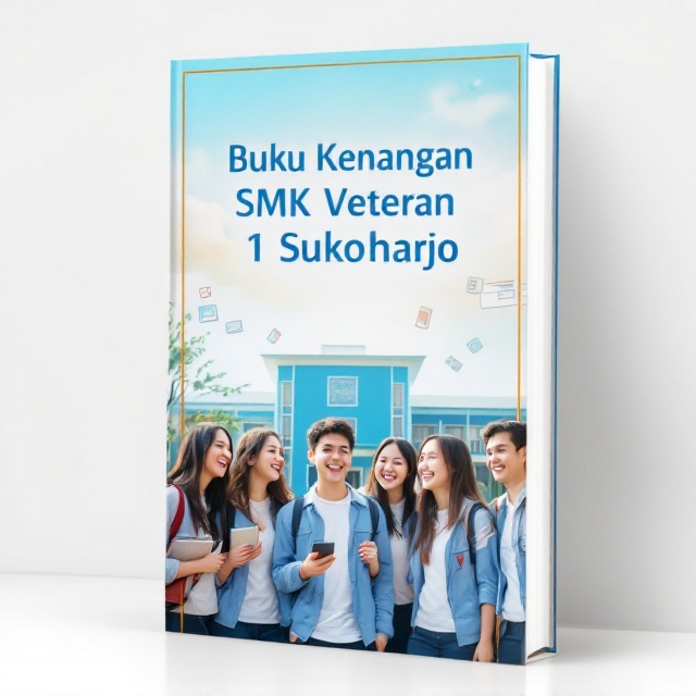 A central design showcasing a group of students wearing school uniforms, laughing and smiling as they stand in front of the school building under a bright, sunny sky. In the background, a fading collage of school memories like books, a chalkboard, and sports equipment subtly weaves into the backdrop. A light blue and pastel theme gives a warm, cheerful atmosphere.