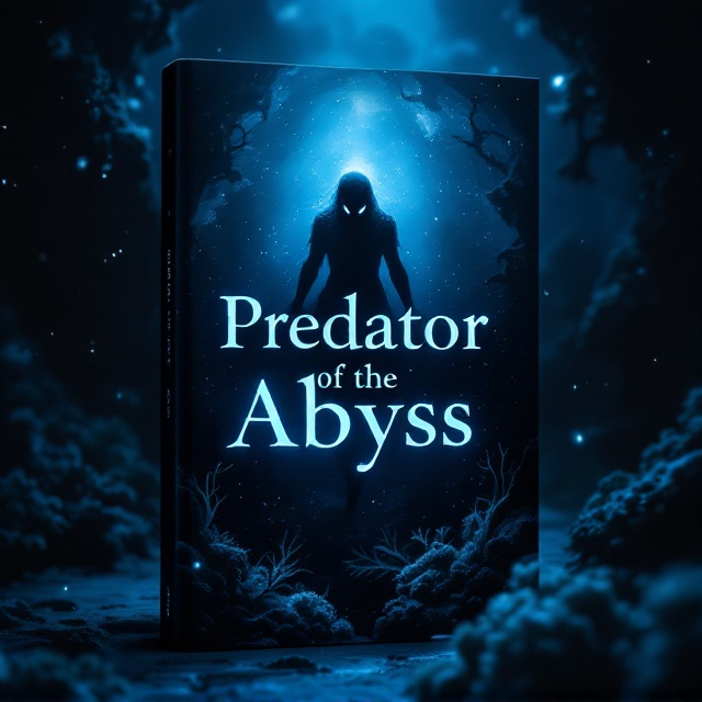 A deep, shadowy underwater abyss dominates the cover, with dark blue and black tones blending into each other. In the center, a faint silhouette of a predator resembling a mythical sea creature with glowing piercing eyes emerges subtly from the darkness. Surrounding it are swirling currents and faint bioluminescent particles that give the scene an ethereal, mysterious glow. The background depicts intricate coral structures faintly visible along the edges, suggesting an unexplored and dangerous deep-sea environment.