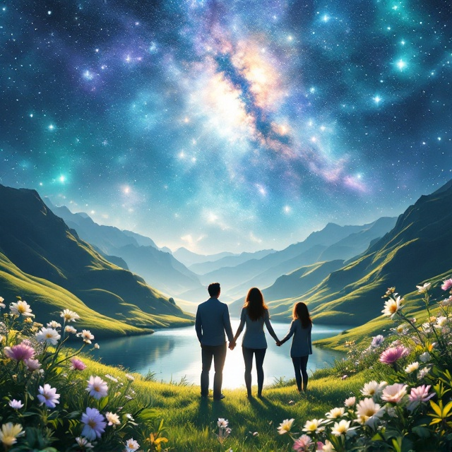 A serene, expansive background of a starry cosmos transitions seamlessly into a lush landscape of rolling green hills and a tranquil lake, framed by blooming wildflowers. Silhouettes of three people standing hand in hand are placed subtly in the foreground, gazing upwards toward the universe, symbolizing interconnectedness and growth. The cosmos is awash in calming shades of blue with faint streaks of turquoise and lavender for depth. Radiant sunlight softly bathes the nature elements, creating a harmonious balance of earth and sky.