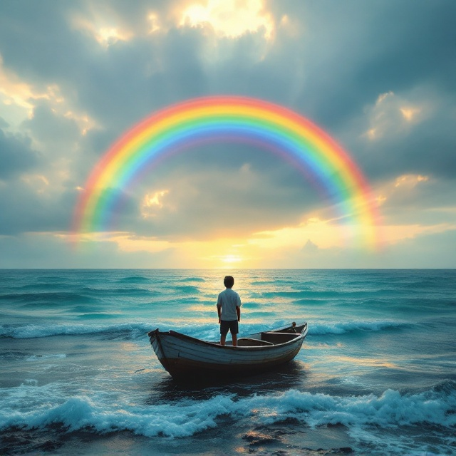 A serene image of a vast sea with soft waves under a cloudy sky. At the foreground, a broken boat is partially submerged in the sea. A young boy stands confidently inside the broken boat, gazing at the horizon where a vibrant, colorful rainbow arches across the cloudy sky, symbolizing hope. Light rays peek through the clouds, adding warmth to the scene. The sea is varied in shades of blue and teal, while the rainbow adds a burst of uplifting color.