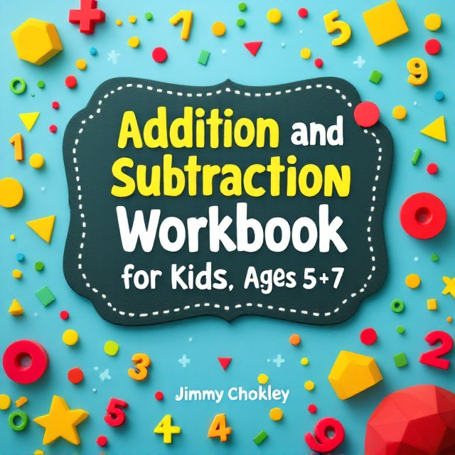 A vibrant, sky blue background with scattered colorful numbers (1-9) and math symbols (+, -) throughout the scene. Bright geometric shapes such as red circles, yellow triangles, and green squares are creatively spread across. A chalkboard shape in the center carries the title. Dotted and dashed lines meander through the design, connecting some elements to create an engaging flow. The bottom border showcases a simple number sequence (e.g., "1+2=3, 4-1=3") seamlessly merged into the background.