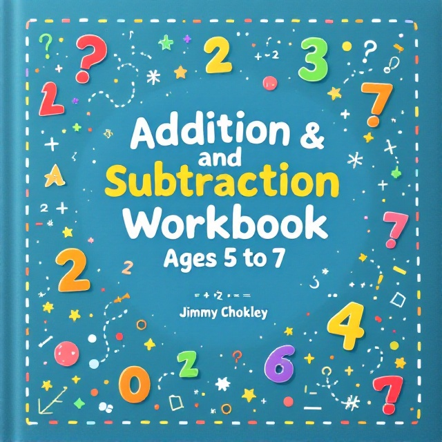 A playful chalkboard-style background in bright sky blue with a mix of colorful numbers (red, orange, yellow, green, and purple) and arithmetic symbols (+, -) scattered across the cover. Math doodles like dashed paths connecting the numbers, stars, question marks, and geometric shapes (circles, triangles, squares) provide a whimsical touch. The title is boldly displayed in the center in a fun and bubbly font, while the author’s name, Jimmy Chokley, is placed at the bottom in a small, simple sans-serif font. A dotted border featuring simple equations (e.g., 2+2=4) and alternating colors frames the whole design.