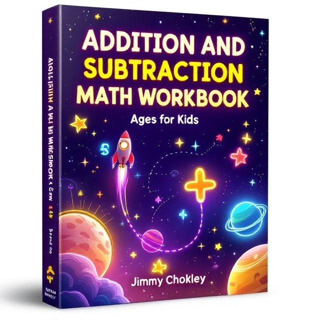 A richly detailed, space-themed design with a deep purple background for an outer-space effect. Bright elements include glowing yellow stars scattered across the background, playful planets with colorful rings in neon blue, red, and yellow, and comets streaking across the front. Large, floating numbers and arithmetic symbols (+, -) glow softly as if illuminated, connected by dashed or dotted trails forming whimsical constellations. A brightly illustrated rocket is traveling along one of the dashed lines, creating motion and adventure. Nebula patterns subtly blend into the background, creating depth without being overwhelming.