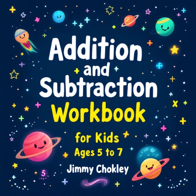 A dark blue outer-space background filled with small white, neon blue, and bright yellow stars scattered across the design. Planets with smiling faces orbit in different directions, while comets and colorful nebula patterns add visual pop. Numbers (in varied bright colors like yellow, red, and green) and plus/minus symbols float in the space with dotted or dashed lines connecting some of them, imitating star constellations. In the center of the cover, the title "Addition and Subtraction Workbook for Kids, Ages 5 to 7" appears large and whimsical, surrounded by glowing elements.