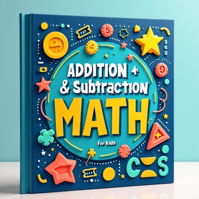 The cover features a bold, playful central typographic arrangement for the book title, "Addition & Subtraction Math Workbook for Kids," using oversized child-friendly letters. Surrounding this text are flat 2D math symbols (+, -, =, numbers) arranged in dynamic, engaging patterns. The background features a cheerful geometric pattern made up of circles, dashed lines, and pathways connecting numbers in a maze-like fashion. The primary color palette includes deep blue as the dominant background color, complemented by bright yellow accents, teal highlights, and white-infused geometric and mathematical elements.