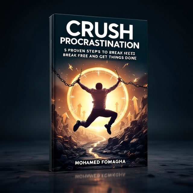 A strong, dynamic design featuring a determined person in mid-motion, dramatically breaking heavy chains labeled "Procrastination." The figure is leaping forward against a background gradient that transitions from dark and cluttered on the left (symbols of chaos, procrastination, and stagnation) to a bright, clear space on the right (representing freedom, focus, and productivity). A glowing sunrise or bright light emanates from the horizon, illuminating upward arrows and a flowing path of success. A subtle clock outline is integrated into the background, reinforcing the theme of time management, while action lines and motion effects emphasize energy and movement.