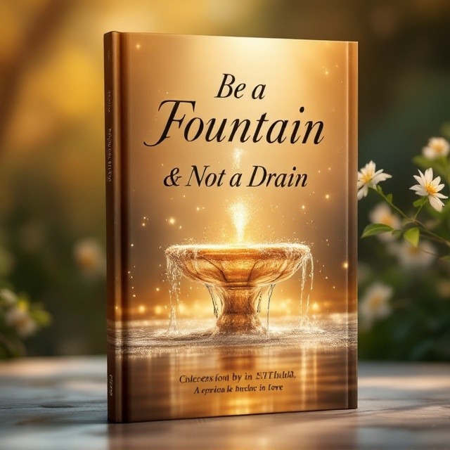 A serene, radiant fountain is set as the central focal image, with water softly sparkling and cascading against a warm, golden-hued background fading into lighter tones toward the edges. Abstract, gentle light rays emerge from the fountain, symbolizing positivity and inspiration. A few softly blurred floral elements subtly frame the cover's edges, complementing the spirituality theme.