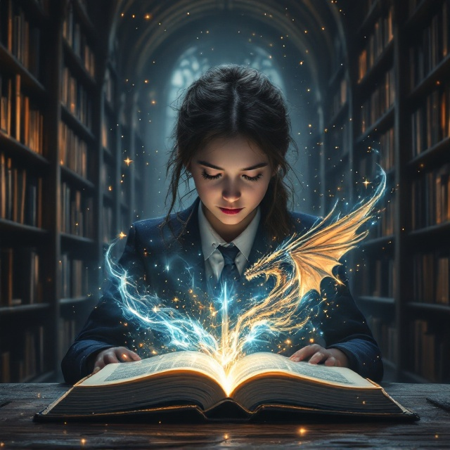 The cover displays a dimly-lit yet mystical library with tall bookshelves fading into shadows. In the foreground, a high school girl in a navy uniform is engrossed in an oversized open book. Radiating from the pages of the book are glowing, ethereal images a noble prince with a sword raised, locked in combat with a roaring dragon whose wings curve toward the edges of the book cover. Tiny flecks of magic, resembling stardust or embers, float into the air, bridging the real and fantastical worlds. The colors include rich golds, blues, and hints of crimson to evoke mystery and awe.