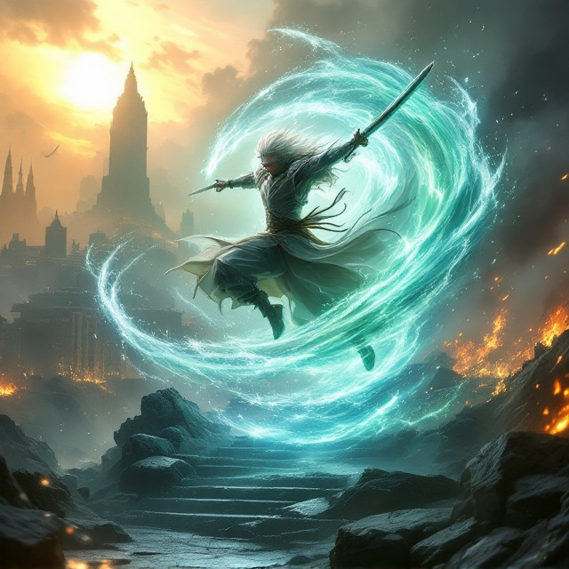 [A central figure of 亚索 in a dynamic mid-air battle pose dominates the cover. His left hand holds the sheathed sword’s handle, and his right hand is generating a swirling green-blue wind vortex. His wild white hair flows chaotically in the storm. His battle-worn ronin attire is detailed with De玛西亚’s silver-winged shoulder armor. The sword is illuminated with swirling blue-green wind patterns and subtle gold runes. The background displays the cityscape of 德玛西亚 at dawn with glowing golden sunlight breaking through the horizon on the left, while the right side depicts a smoky battlefield. Justice’s Colossus emerges prominently on the left side, balanced against fierce flames on the right. The foreground is littered with cracked Anti-Magic stone steps, embedded with a shattered sword emitting eerie blue soul flames. A central tornado swirls beneath 亚索, swirling Anti-Magic stone shards within its core. The overall color palette contrasts vibrant dawn tones against subdued dark, smoky purples, with dramatic golden and green highlights.].