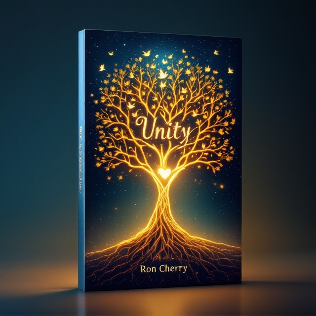 A glowing intertwined tree of life with radiant golden roots and branches extending into a starry celestial sky. The tree symbolizes interconnectedness, unity, faith, and love, while softly glowing doves hover around the branches, representing forgiveness and peace. A calm gradient background transitions from deep indigo at the top to a warm, golden cream at the bottom. At the center of the tree, a gently glowing heart shape is subtly created by the overlapping branches and leaves.