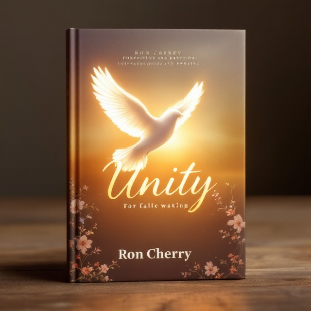 A soft, radiant sunset background blending warm tones of gold, oranges, and purples, symbolizing spiritual awakening and divine presence. A prominent, glowing white dove flies across the center, representing forgiveness and purity. Below, a subtle image of clasped hands, softly illuminated, signifies faith, love, and unity. Faint, flowing vines with blooming flowers frame the edges, conveying growth and renewal.