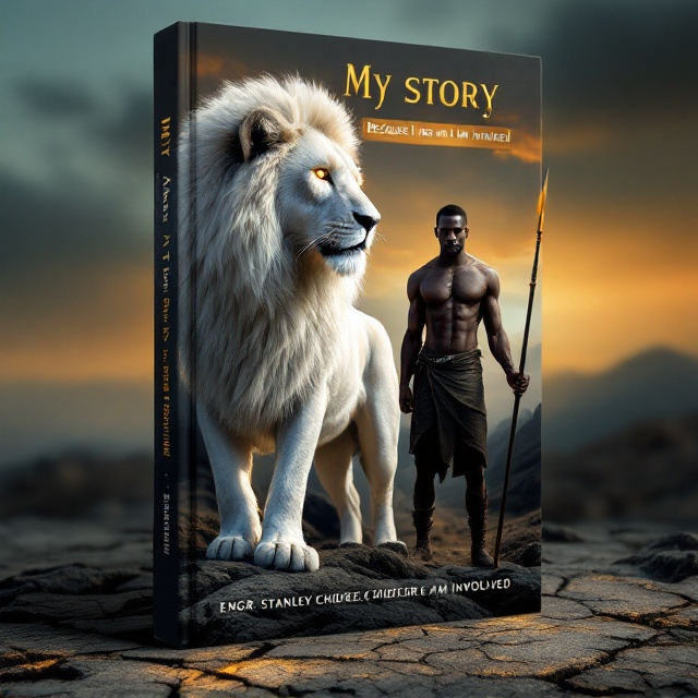 A striking cover featuring a majestic white lion with glowing golden eyes standing on a rocky terrain, symbolizing strength. To its side is a battle-ready black man with an intense and resolute expression, dressed in simplistic but fierce warrior-like attire, holding a spear. The background is an open sky transitioning from dusk to dawn, with a faint golden light haloing the figures to symbolize hope and success. Subtle textures of cracked earth run below to evoke pain and struggle.