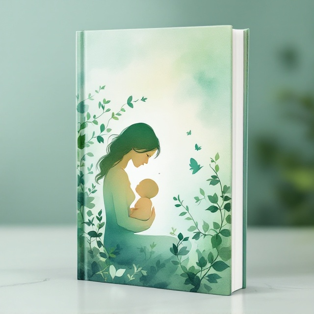A serene watercolor depiction of a mother tenderly holding her baby, surrounded by soft, leafy vines that extend outward as if symbolizing growth and nurture. The background is a smooth gradient of green shades, transitioning from darker emerald at the top to lighter mint at the bottom, giving a harmonious and calming effect. The mother’s figure is slightly abstract, focusing on the emotions of care and love rather than realism. Floating softly nearby, delicate silhouettes of womb-like shapes are subtly embedded into the design to symbolize the connection between the mother and her child.
