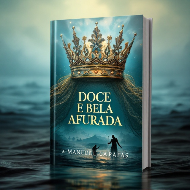 A majestic crown with intricately detailed fishing nets interwoven into its design, symbolizing the "crown" of Afurada. In the background, a dreamy seascape blends a misty horizon with softly outlined fishing boats. Near the bottom, vivid depictions of fishermen pulling in their nets and a ghostly outline of a tragic fisherman in fading light evoke a sense of nostalgia. The cool hues of the ocean, dominated by deep azure blues, give way to muted gold highlights from the crown, giving it a divine aura.