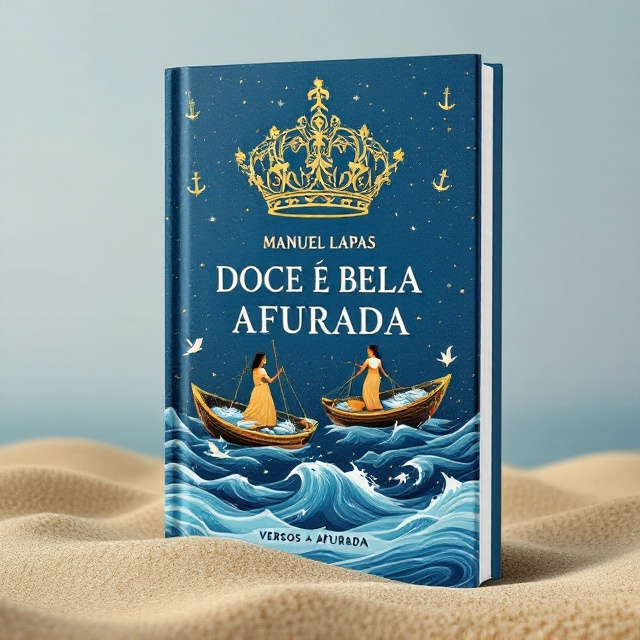 The cover features a regal blue sea as the backdrop, symbolizing the strong maritime connection of Afurada. A golden queen’s crown, intricately designed with fishing nets, anchors, and small fish, is prominently placed in the center, serving as the visual focal point. Below the crown, a couple of traineiras (boats) are illustrated in motion, carrying fisherman silhouettes and their nets brimming with fish. Flanking the crown, a few women dressed as traditional peixeiras are shown holding woven canastras filled with fresh catch. The bottom features gentle waves washing over sandy shores with subtle textural details evoking nostalgia and history.