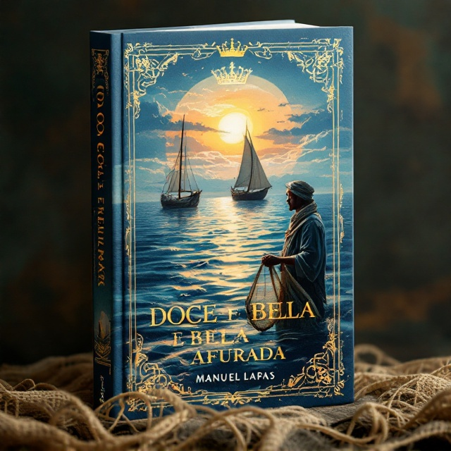A serene yet dynamic maritime scene dominates the cover, featuring traditional Portuguese fishing boats and traineiras swaying gently on glistening blue ocean waves under an orange-gold sunrise. At the forefront, a proud fisherman draped in traditional attire holds a net with visible fish, symbolizing stories and nostalgia. The background subtly incorporates the silhouette of a royal crown engraved in the sky, signifying Afurada as a "queen." Surrounding the frame, delicate illustrations of fishing nets and canastras weave a border.