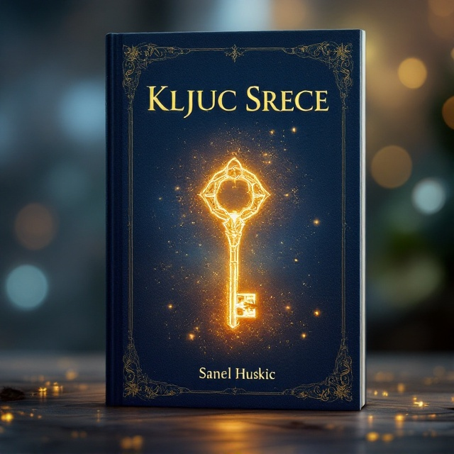 The cover features a glowing, golden key levitating in the center, surrounded by faint mystical swirls and particles of light. The background transitions from deep indigo at the bottom to a magical gold at the top, with subtle hints of galaxies and abstract patterns. The edges of the cover are slightly blurred, giving the image a dreamlike effect.