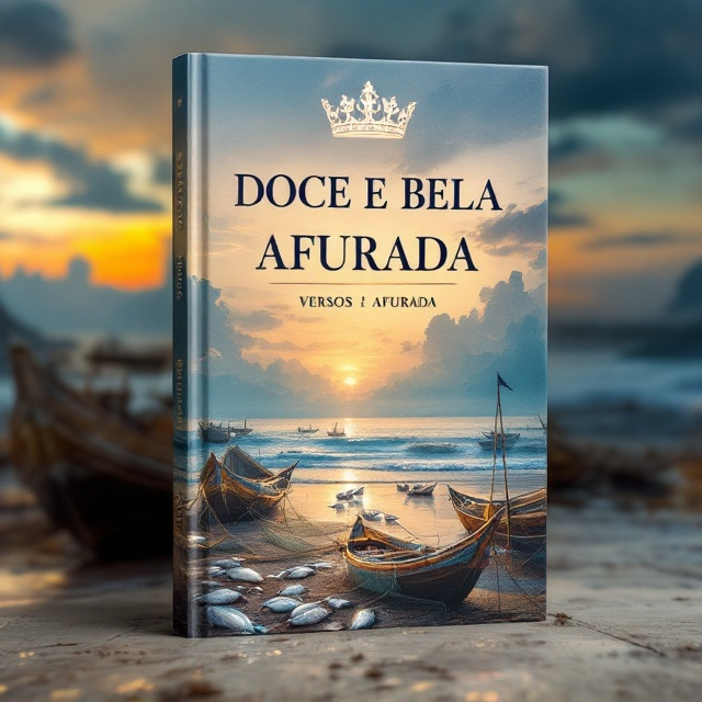 The background showcases a panoramic and vibrant depiction of Afurada's serene seafront during dawn, with a soft orange-pink sky transitioning to rich blue tones near the horizon. Fishing boats with intricate details, nets draped over their sides, and glistening silvery fish scattered along the shore, are the central focus. Surrounding the scene, a subtle semi-transparent design of a regal queen's crown appears, creating a halo-like effect over the village, symbolizing Afurada’s royal heritage and glorious spirit. The edges of the imagery fade into calm ocean waves.