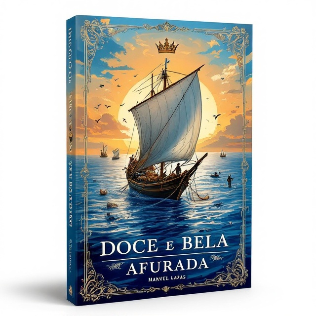 A majestic fishing boat with billowing sails is prominently featured in the center of the cover, floating on a shimmering "azul mar" sea. Surrounding the boat, fishing nets, baskets (canastras), and fish are subtly layered into the design to create depth and texture. At the top is an ornate crown, symbolizing the regal essence of the Afurada as "rainha." The backdrop portrays a sunrise or sunset, with warm golden and orange tones blending into the blue sea, evoking feelings of nostalgia and glory. Silhouettes of fishermen working on their boats are subtly visible along the horizon line.
