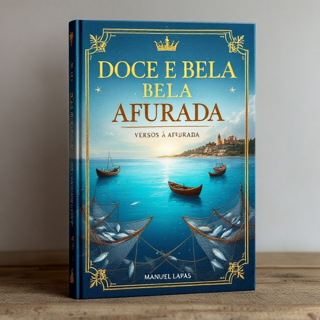 A vivid depiction of fishing boats floating on a serene blue ocean occupies the central focal point of the cover. Below the boats, fishing nets stretch outwards, holding fish, with their scales glistening in metallic hues. On the horizon lies the silhouette of the Afurada village, subtly incorporated, with soft golden tones touching its rooftops. Above the scene, a delicate but prominent crown (symbolizing the "coroa de rainha") glimmers faintly over the village, adding an epic and majestic element to the design. The artwork is framed with intricate nautical rope patterns, giving it a timeless and maritime feel.