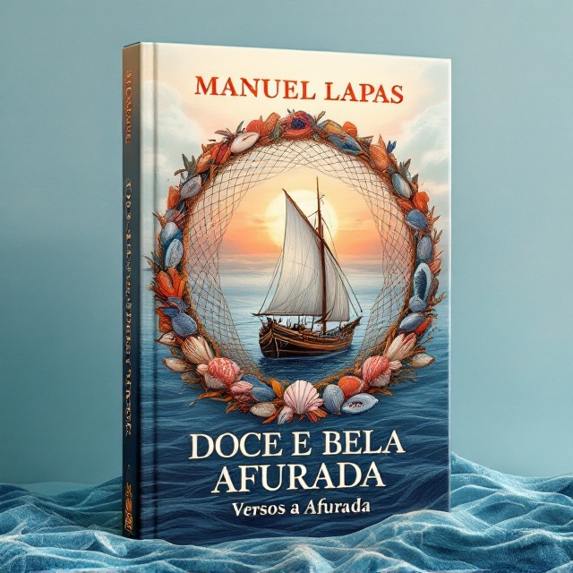 A majestic fishing boat is depicted prominently at the center of the cover, nestled within a circular, crown-like arrangement of fishing nets resembling a queen's crown. Surrounding the nets are finely detailed illustrations of fish and seashells, arranged symmetrically to evoke a sense of balance and mythology. A backdrop of a tranquil blue sea flows outward, blending into soft cloud elements at the top, giving the impression of a dreamy, wistful horizon. The sun is setting in the background, casting warm, glowing tones over the water, enriching the blue sea hues.