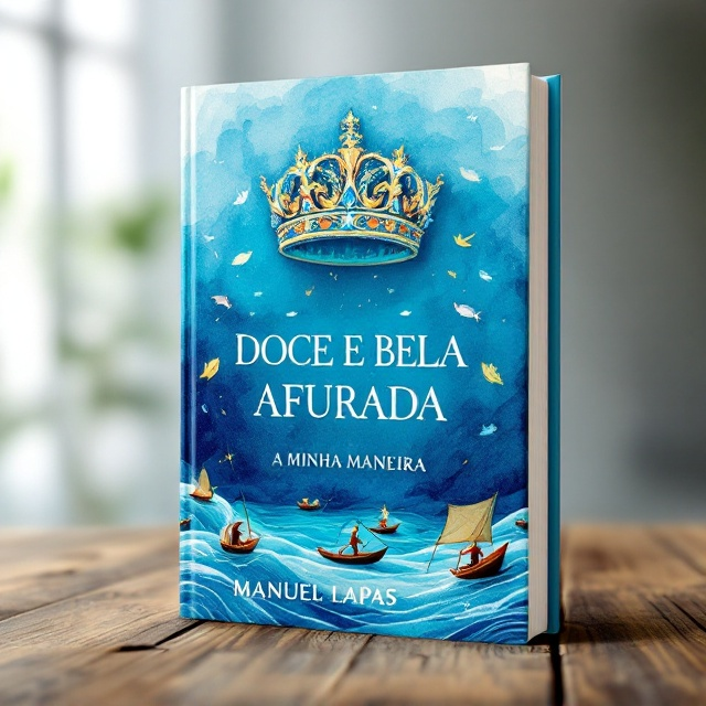 A rich ocean blue background represents the "azul mar" theme. At the center, a vivid illustration of a majestic crown arranged with elements symbolic of Afurada's fishing legacy – fishing nets, fish, and oars form the intricate details of the crown design. Below the crown, small fishing boats with fishermen casting their nets are depicted on gentle ocean waves. The edges of the cover subtly fade into a soft watercolor texture to provide warmth and depth.