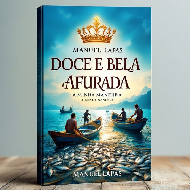 A vivid, picturesque scene of the Afurada village at dawn is portrayed, with fishing boats gently rocking on the azure sea. In the foreground, rugged fishermen are depicted hauling in fishing nets loaded with shimmering silver fish. The nets are sprawling across the lower margin of the cover. Above the boats, a radiant crown design resembling a queen's tiara is subtly blended into the sky, symbolizing the grandeur of Afurada. The background features faint silhouettes of the village and its people, narrating their legacy.