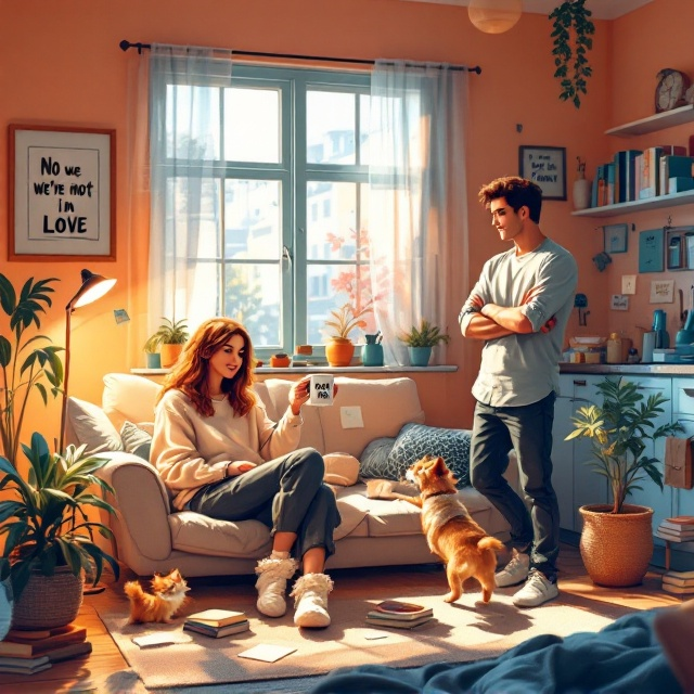 The cover showcases the cozy shared apartment in warm lighting. MC is lounging on the couch in an oversized hoodie and fluffy socks, holding her coffee mug labeled “#1 Menace” with a teasing smirk. ML stands near the kitchen counter in a neatly pressed dress shirt with rolled-up sleeves, his arms crossed and a sticky note reading “Do Not Fall for Your Roommate!” stuck on it. A mischievous cat darts on the couch, while the dog chases it, causing a playful ruckus in the background. Books and sticky notes are casually scattered around, emphasizing the cozy and chaotic vibes. Soft peach walls act as the warm background, while pops of teal and soft blue from apartment décor highlight visual contrast.
