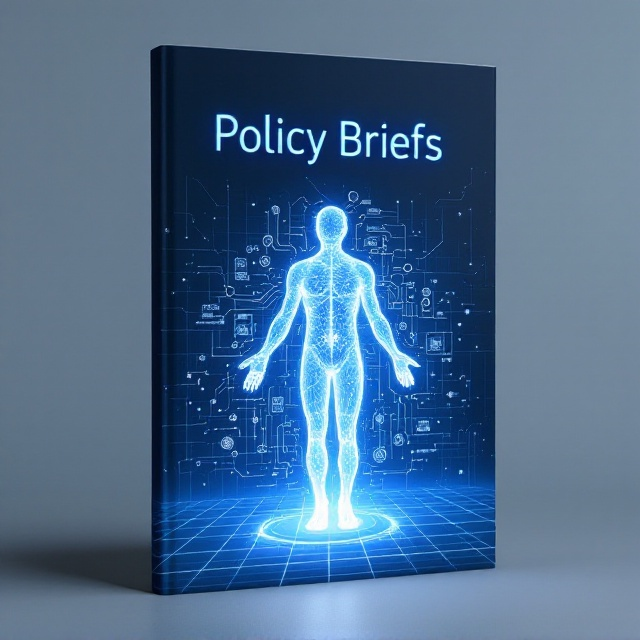 A futuristic yet clean design featuring a glowing blueprint of a human body overlaid with swirling digital circuits and schematic diagrams of medical devices. Underneath, a subtle grid pattern gives the impression of structured research and data. The background fades from deep blue at the edges to a soft, glowing white halo in the center, symbolizing enlightenment and accessibility in healthcare. A transparent layer of decision-making flowcharts is lightly embedded in the background.