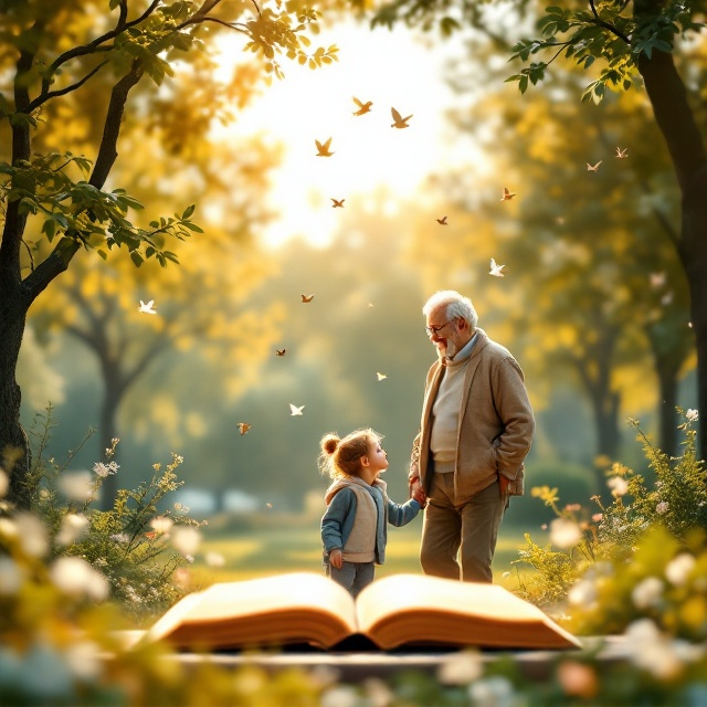 A heartwarming sunlit park scene is the central focus. In the foreground, a kind 7-year-old child, wearing soft pastel-colored clothes, is helping an elderly person walk. The elderly person has a gentle smile, radiating trust and warmth. The background features a lush nature setting with green trees, flowers, and a soft golden sunlight filtering through the branches. Small birds are flying in the sky, adding a touch of life to the scene. On the horizon, glowing light gently emanates from an open book resting on a bench nearby, symbolizing wisdom and knowledge.