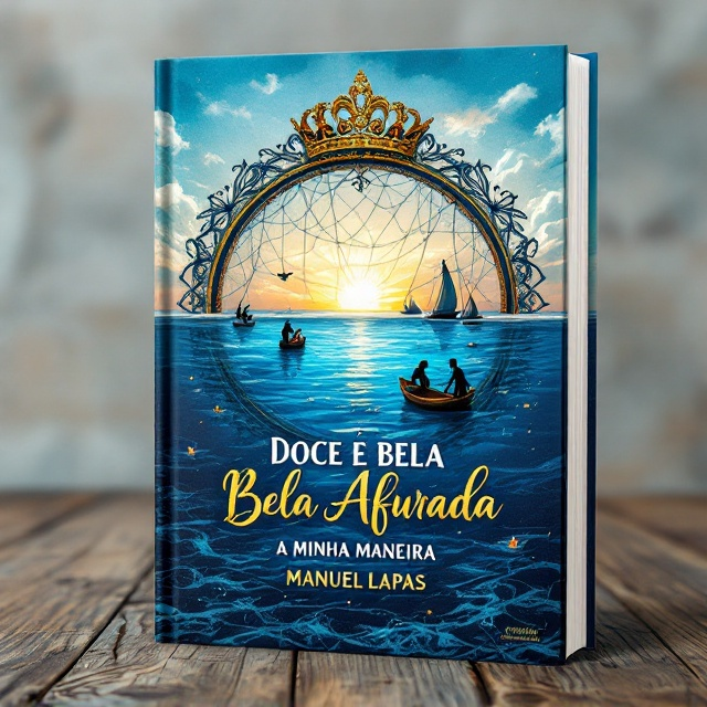 A vivid seascape encasing a large crown, styled as a "coroa de rainha," resting prominently at the center. Inside the crown's intricate designs are fishing nets, peeking silhouettes of fishermen, and tiny boats drifting across a calm, sapphire sea. On the horizon, a glimmering sun casts a golden hue on the tranquil waters. The backdrop is a soft, gradient sky transforming from light azure to deep navy, symbolizing the journey of day to night. The title is gilded in gold foil arched along the lower curve of the crown, while the author’s name is subtly placed in the lower part of the book in crisp white.