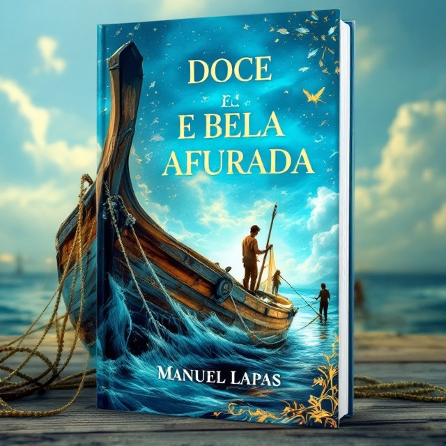 A vibrant scene showcasing an old wooden fishing boat tethered to a dock, surrounded by softly flowing fishing nets. At the crown of the book, an ornate "Coroa de Rainha" (Queen's Crown) sits shimmering, subtly integrated into the sky above. Gentle waves in shades of deep and light azul mar ripple subtly in the background, enriched with silhouettes of fishermen casting their nets. There are faint sketches of swimming fish scattered to represent dreams and ideas, blending seamlessly into the ethereal, poetic ambiance.