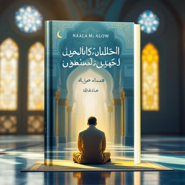 A serene scene of an individual in a mosque, depicted praying on a prayer mat under the soft glow of sunlight spilling through intricate stained-glass windows. The background features traditional Islamic geometric patterns in soft, muted shades of white and yellow, blending seamlessly into the blue tones of the mosque's walls. The scene exudes calmness and devotion, with the subtle inclusion of crescent motifs on the windows and domed ceiling.