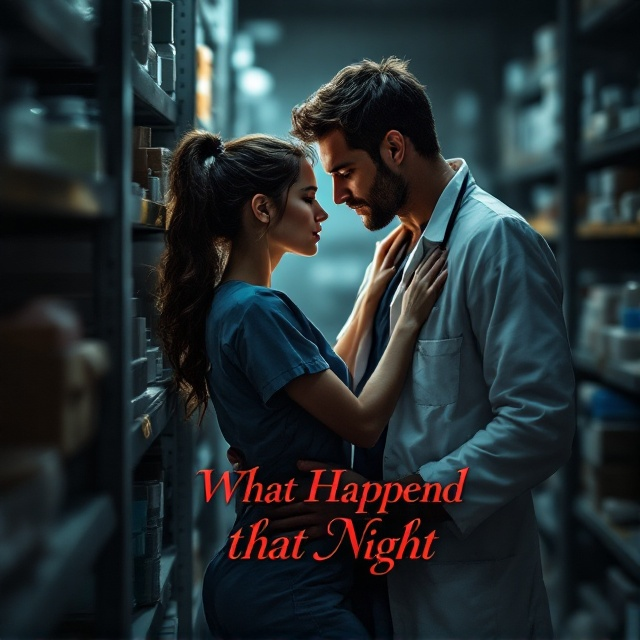 A steamy, intimate moment is captured in the dimly lit supply closet of a hospital. The background shows grey metal shelves stacked with medical supplies, blurred slightly to maintain focus on the characters. The center of the cover features the young female hospital worker being gently pushed against a shelf by the male doctor. She wears scrubs, slightly disheveled, while the male doctor, dressed in a white coat, leans in closely, his hand resting on the wall behind her, creating a magnetic tension. The lighting is soft and moody, with a warm golden hue illuminating the characters, contrasting against the cooler tones of the supply room.