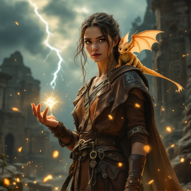 A young female dragon trainer stands slightly off-center, wearing a leather-bound tunic adorned with faint runes that glow faintly under the light of a luminous shard she holds in her left hand. On her right shoulder, a small, wingless gold-orange dragon gazes forward, its scales shimmering lightly, creating an ethereal aura. Wisps of enchanted mist swirl around her, fading into a backdrop of ancient ruins topped with heavy, stormy clouds lit by flashes of lightning. The ruins are embellished with carvings, adding a layer of mystery and history. The mystical elements are accentuated with glowing particles drifting through the setting, conveying a sense of magic and destiny. The female warrior appears focused and resilient, her dynamic stance suggesting courage and readiness for adventure.