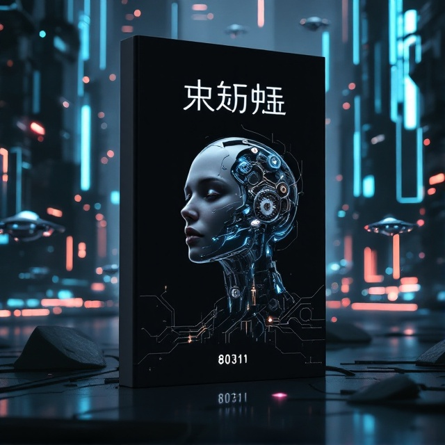 A dark, futuristic cityscape with towering mechanical structures, glowing neon tubes, and floating metallic drones. The foreground features a humanoid machine with half its face human and half made of intricate gears and circuits, illuminated in a soft blue and silver light. Abstract streaks of energy pulsate across the background, hinting at advanced technology and movement. The title "械影" appears to radiate a faint electric glow.