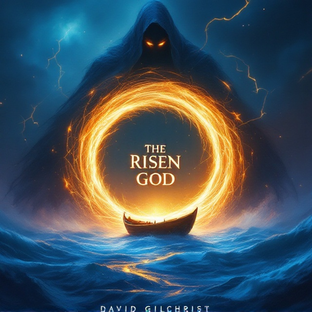 The cover showcases a dynamic and dramatic scene featuring a small wooden boat floating on turbulent royal-blue waters. A circular swirling portal made of crackling, golden energy dominates the center of the composition, with half the boat already passing through it into a darker, storm-filled dimension. In the background, towering over the scene, is a shadowy, cloaked humanoid figure with glowing eyes and faint, menacing tendrils extending towards the boat. The night sky above shifts from deep blue to glowing streaks of gold and dark purple as it blends into the supernatural elements.