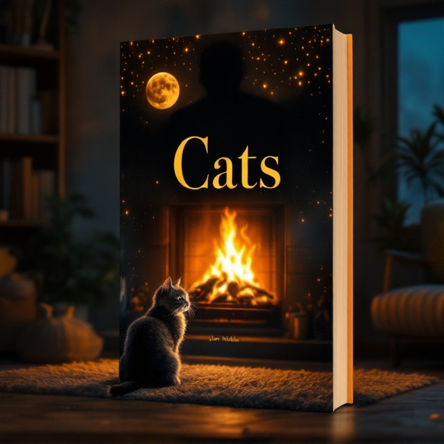 A cozy night scene with a glowing, crackling fireplace casting warm amber and orange hues across the room. A sleek and serene tabby cat sits prominently on a plush rug in front of the fireplace, its fur gently reflecting the firelight. Above the mantle, a subtle shadow of a mysterious shape adds a hint of mystery. The background contains a comfortable bookshelf and a window with faint moonlight peeking through. A faint foggy texture overlays the entire composition to add a dreamy, peaceful feel.
