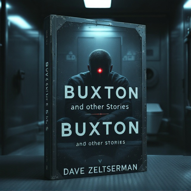 The image shows a dimly lit, claustrophobic pod interior. A middle-aged man with slightly balding hair sits on the edge of a metal cot, his figure partly turned away from the viewer, emphasizing anonymity. The blinking red light implanted in the center of his forehead glows ominously, casting a faint reflection on the metallic walls. The background includes a compact shower stall and a partial glimpse of a small built-in toilet to complete the pod’s futuristic, confined atmosphere. Muted hues of gray and blue dominate the scene, with hints of red light adding tension and intrigue.