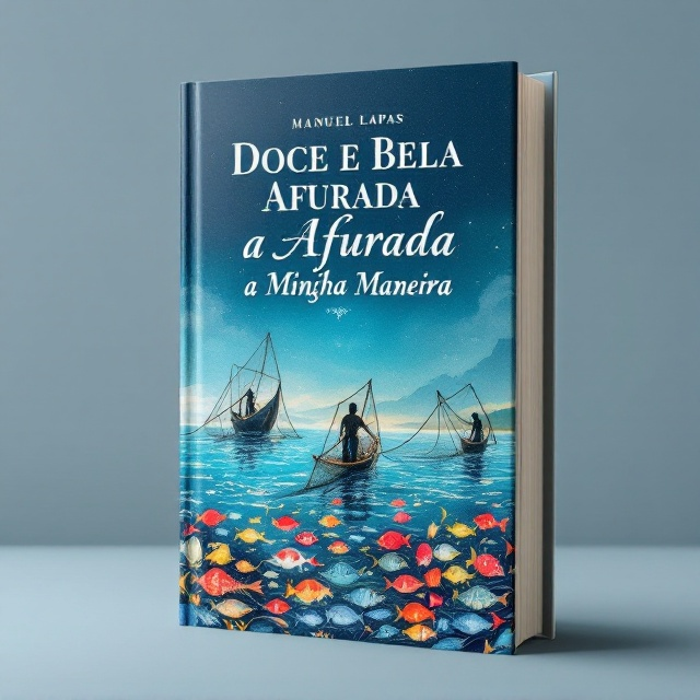 A crowned design of intertwined fishing nets forms the base of the cover imagery, resembling a regal queen's crown. Beneath this, watercolor-style illustrations of traditional fishing boats gently float on a deep blue sea. Pescadores (fishermen) are depicted in silhouette, casting their nets into waters teeming with vibrant fish motifs. The background is a gradient of blue hues, transitioning from a deep ocean blue to a softer twilight blue at the top. Faint outlines of the Afurada coastline are sketched in the backdrop to create a sense of place.