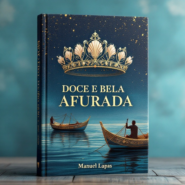 A majestic crown adorned with intricate fishing nets and seashell motifs sits as the central focus, placed above a serene portrayal of traditional fishing boats afloat on a calm sea in the background. The boats have detailed engravings of oars, nets, and fish, embodying a sense of richness and cultural identity. The crown is dusted with subtle golden flecks that shimmer, representing the queenly status of Afurada. A fisherman’s silhouette is placed to the bottom left, casting a net, tying the present to the glorious past of the community. The backdrop fades into a gradient of deep marine blue and soft sky azure, creating a dreamy maritime atmosphere.