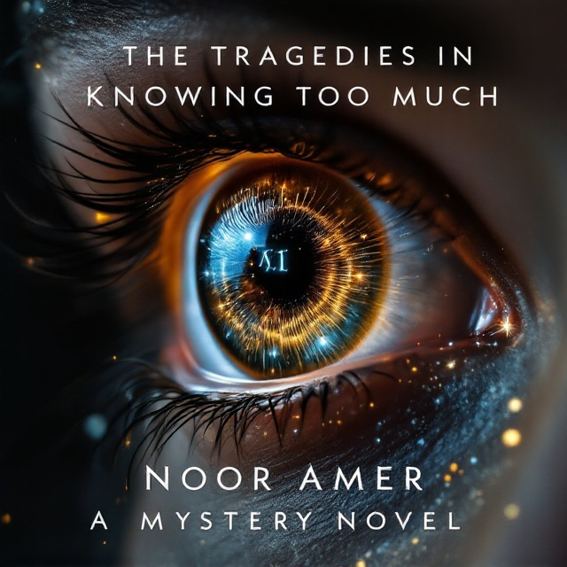 A hyper-realistic close-up of a human hazel-brown eye takes center stage, dominating most of the cover. Reflected within the iris is a luminous mathematical equation intertwined with faint traces of a starry galaxy, spiraling outward. The intricate details of the equation and the stars seem to shimmer with a subtle silver-white glow. The background is shadowy and muted, fading into black towards the edges, with a faint halo of light encircling the eye.