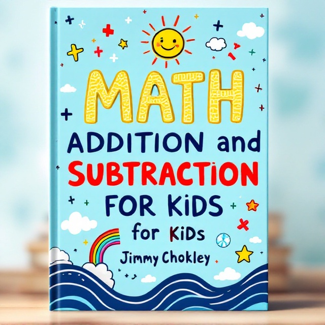 A colorful cover featuring a vibrant light sky blue background (#87CEFA). The title, "Addition and Subtraction Workbook for Kids," is central and bold, surrounded by cheerful, hand-drawn math doodles like plus and minus signs, numbers, and abstract playful geometric shapes. The title is crowned by a smiling sun in the top-left corner, with fluffy white clouds scattered nearby. Bright yellow stars and dazzling rainbow streaks enhance the playful energy. At the bottom center, accompanied by waves and hand-drawn lines, the author’s name, "Jimmy Chokley," is placed subtly but effectively.