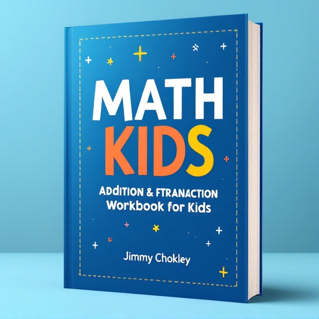 A royal blue background with a smooth gradient extending from the top center to the edges. Subtle semi-transparent plus (+), minus (-), and equal (=) icons scattered in the background, along with faint numbers and stars for a playful and educational vibe. The title "MATH KIDS" dominates the top third of the cover, with "MATH" in bold white and "KIDS" in red-orange below it. The subtitle, "Addition & Subtraction Workbook For," appears in clean white sans-serif font right below the title in smaller size. At the bottom of the cover, the author's name, "Jimmy Chokley," is centered in bold white font with a pop of a thin golden yellow underline. A thin decorative border of alternating dashed blue and white lines frames the cover.